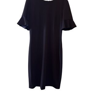 Calvin Klein Dress Elegant Black Ruffle Sleeve Sheath Midi Back Zipper